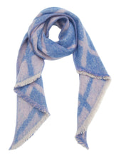 Load image into Gallery viewer, Picture shows our range of Fun Cozy Winter Scarves - in 7 colour ways. This one the Blue Pink Diamond Option. This acrylic blend wonder is super soft, non-bulky, and an extra layer of warmth for the season. In a stylish check pattern, it&#39;s the perfect partner for your winter ensemble. The rectangle shape with frayed angled edges adds that finishing touch.
