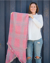 Load image into Gallery viewer, Picture shows our range of Fun Cozy Winter Scarves - in 7 colour ways. This one the Pink Purple Option. This acrylic blend wonder is super soft, non-bulky, and an extra layer of warmth for the season. In a stylish check pattern, it&#39;s the perfect partner for your winter ensemble. The rectangle shape with frayed angled edges adds that finishing touch.
