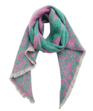 Load image into Gallery viewer, Picture shows our range of Fun Cozy Winter Scarves - in 7 colour ways. This one the Pink Green animal print  Option. This acrylic blend wonder is super soft, non-bulky, and an extra layer of warmth for the season. In a stylish check pattern, it&#39;s the perfect partner for your winter ensemble. The rectangle shape with frayed angled edges adds that finishing touch.
