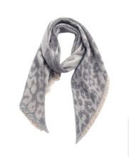 Load image into Gallery viewer, Picture shows our range of Fun Cozy Winter Scarves - in 7 colour ways. This one the Grey Bone animal print Option. This acrylic blend wonder is super soft, non-bulky, and an extra layer of warmth for the season. In a stylish check pattern, it&#39;s the perfect partner for your winter ensemble. The rectangle shape with frayed angled edges adds that finishing touch.
