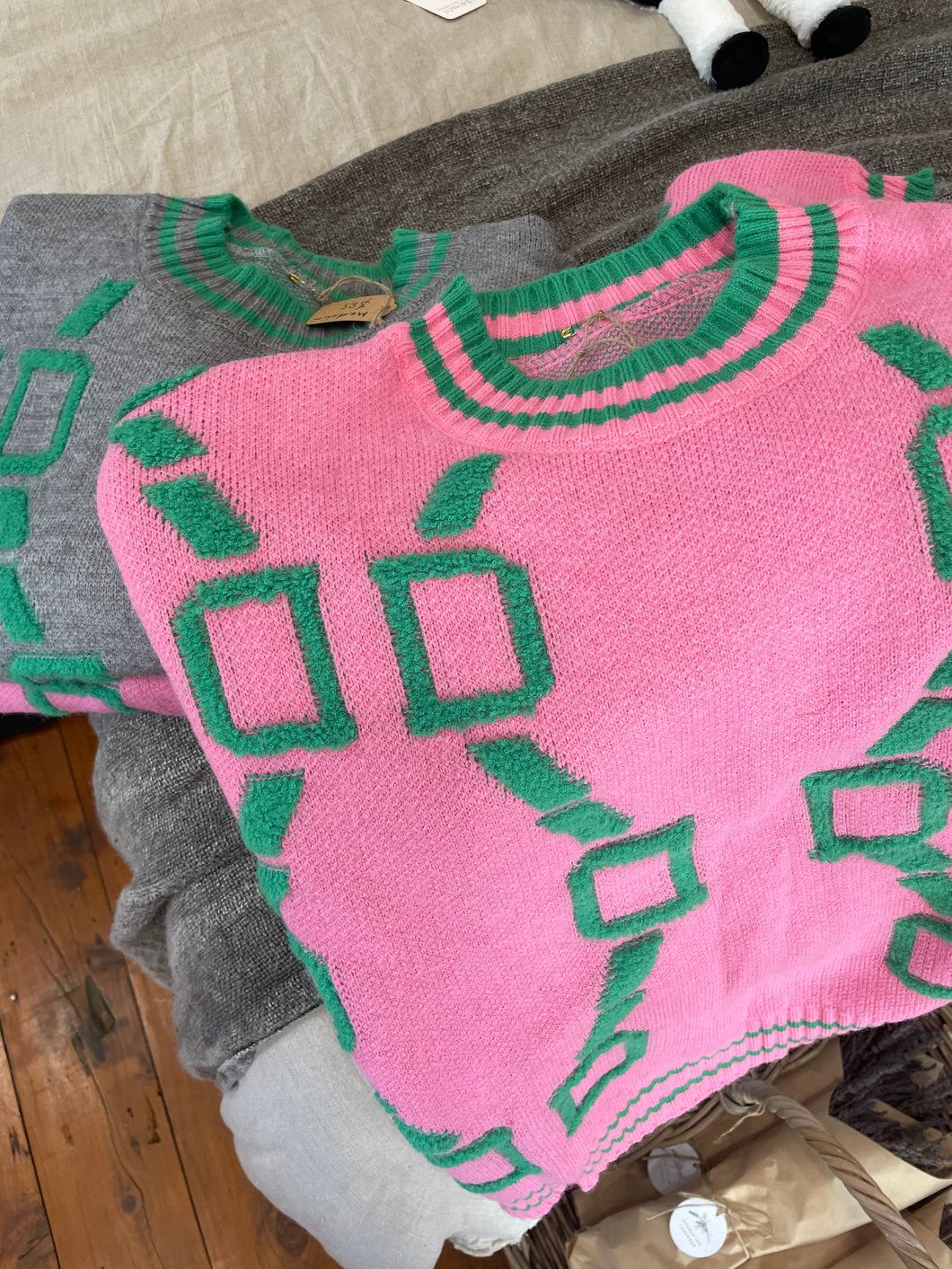 Pink and Green or Grey and Green Jumpers