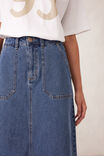 Load image into Gallery viewer, Ceres Life PATCH POCKET DENIM MIDI SKIRT/FRESH INDIGO
