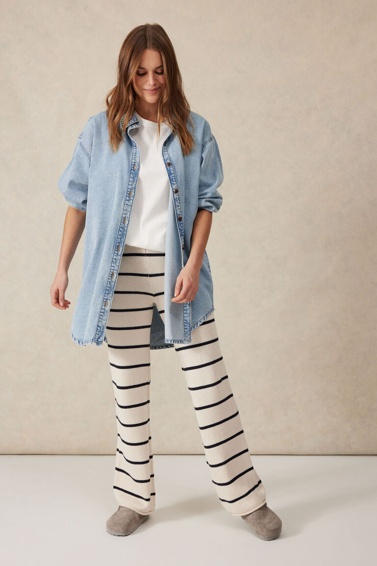 Ceres Life Bootleg Knit Pant Ecru/Navy Stripe