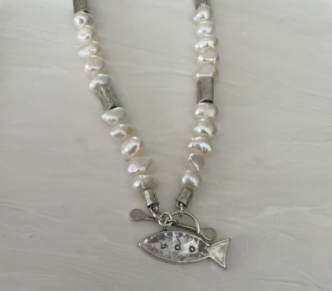 Pearl and Silver hand crafted Necklace with Bird or Fish