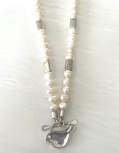 Load image into Gallery viewer, Pearl and Silver hand crafted Necklace with Bird or Fish
