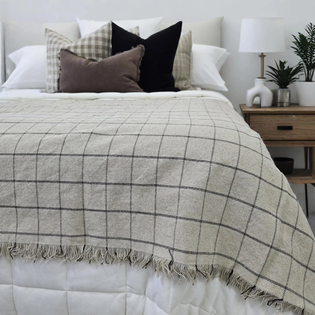Irish Linen Cotton Bedcover Massive Throw Fringe 230x200cm - Natural Striped or Black Plaid