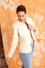 Load image into Gallery viewer, Image shows the front of The classic Chanel StyleI the Jamila Jacket in Cream from Kamare worn over jeans, Available in sizes 8, 10, 12 and 14 at Millthorpe Blue
