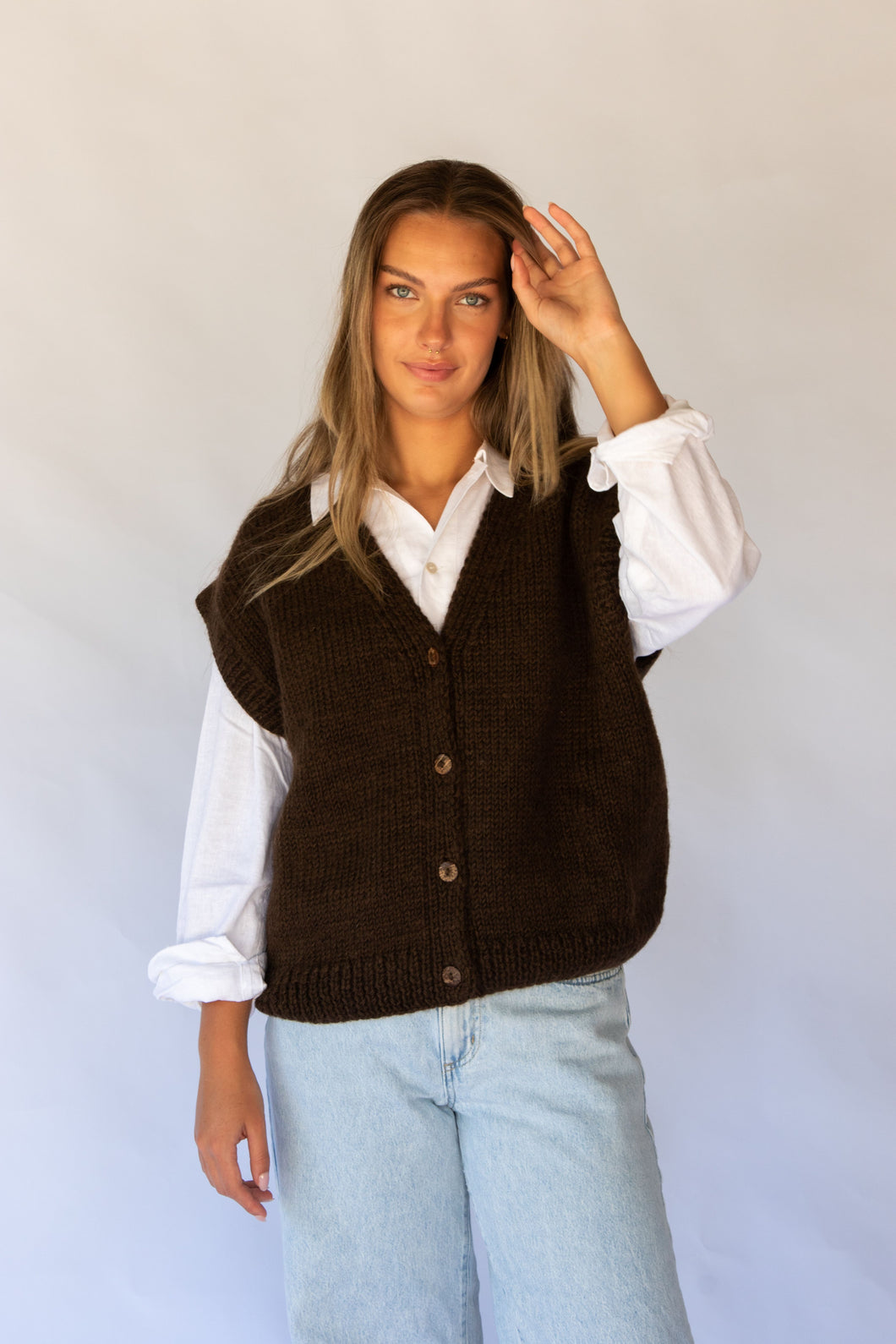Hand Knitted Button Vest in Cocoa or Oatmeal from Hobo and Hatch