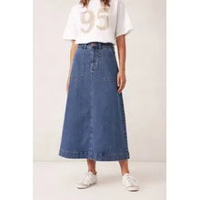 Load image into Gallery viewer, Ceres Life PATCH POCKET DENIM MIDI SKIRT/FRESH INDIGO
