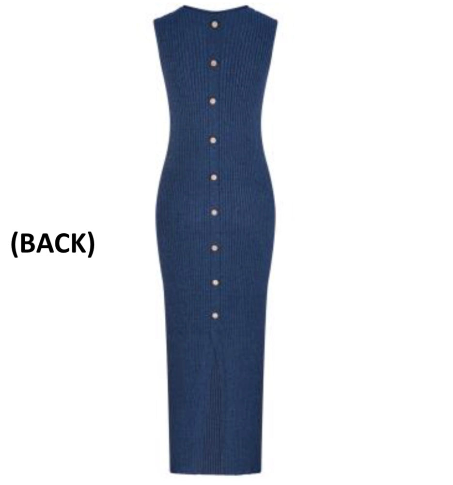 Woman wearing Lilly Pilly Collection Willow Knit Dress with coconut buttoned back in Blue Marle 