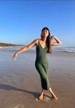 Load image into Gallery viewer, Lilly Pilly Collection Bella Knit Dress in Bottle Green worn on the beach in Byron Bay
